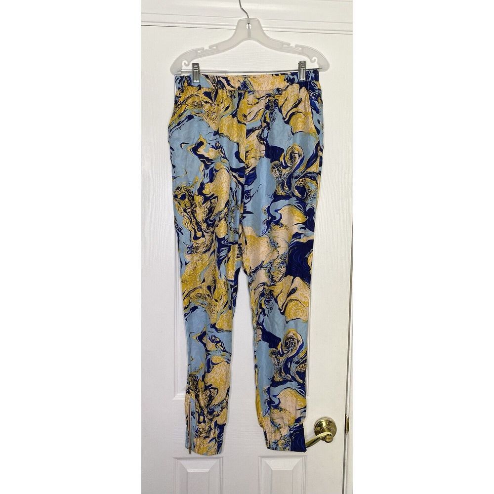 By Melene Birger Womens Silk Esthir Leg Zipper Tapered Pants Blue Yellow 38 US M